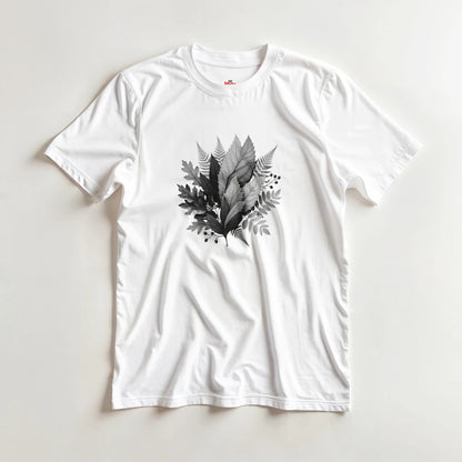White t-shirt with black leaf design on a light gray background