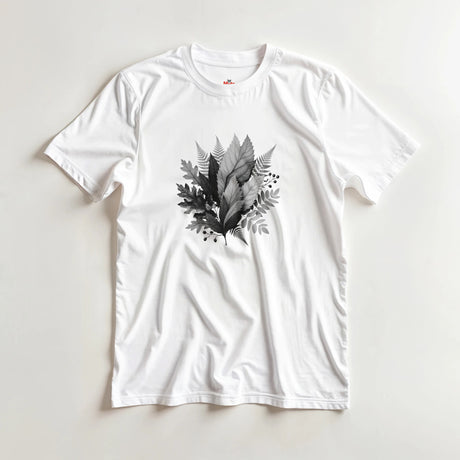 White t-shirt with black leaf design on a light gray background
