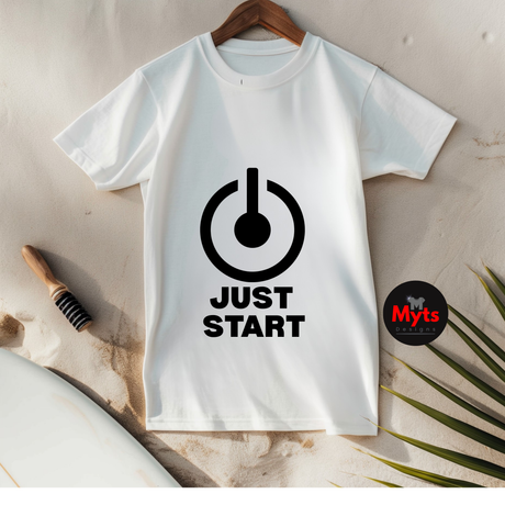 Minimalist Just Start motivational T-shirt with bold power button graphic on white unisex tee