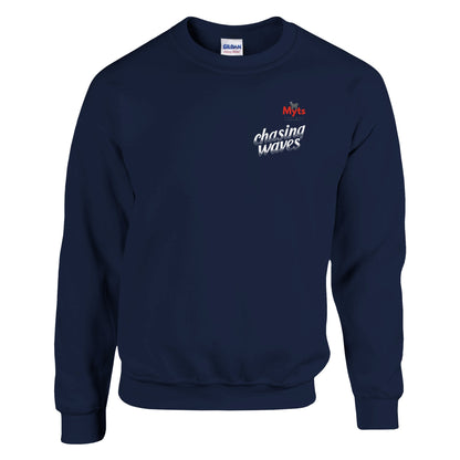 Navy sweatshirt with a colorful abstract design on the chest against a white background