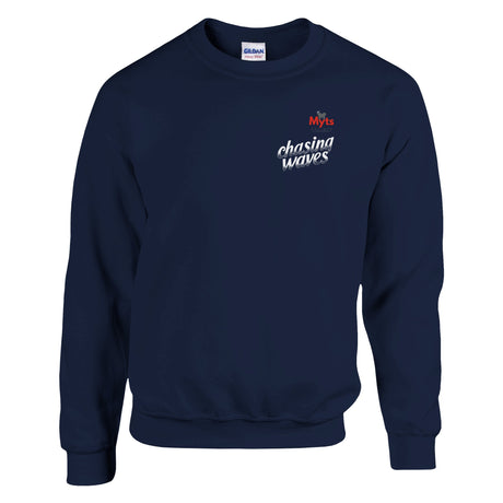 Navy sweatshirt with a colorful abstract design on the chest against a white background