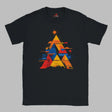 Front view of vivid geometric pyramid T-shirt featuring multicolor radiant design on black cotton tee