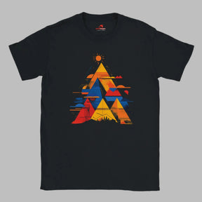Front view of vivid geometric pyramid T-shirt featuring multicolor radiant design on black cotton tee