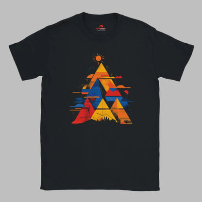 Front view of vivid geometric pyramid T-shirt featuring multicolor radiant design on black cotton tee