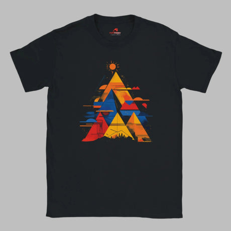 Front view of vivid geometric pyramid T-shirt featuring multicolor radiant design on black cotton tee