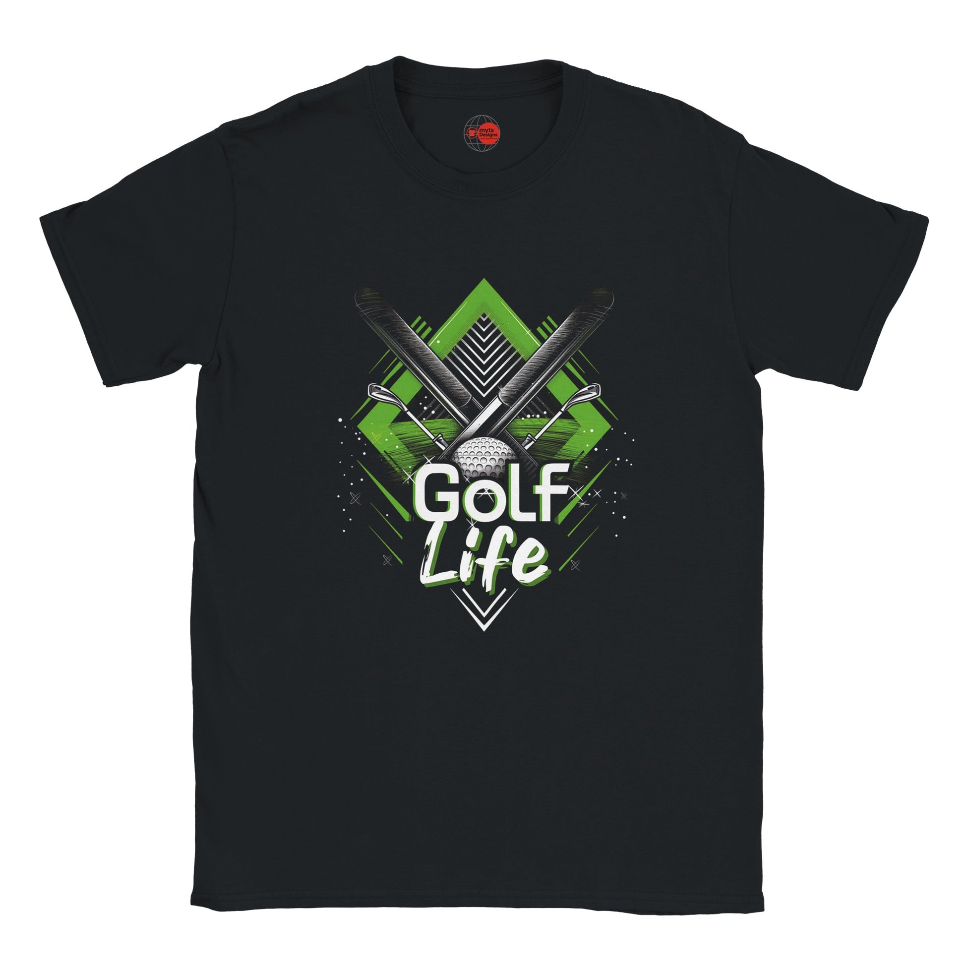 Black t-shirt with 'Golf Life' graphic design featuring golf clubs and a golf ball on a white background.