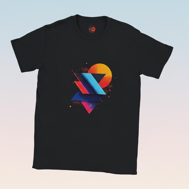 Black t-shirt with a colorful geometric design on a gradient background