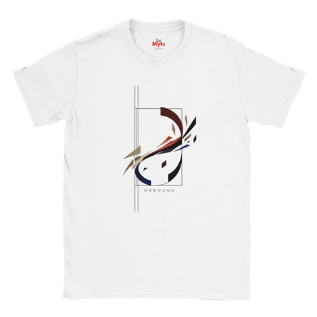 A white short-sleeve crewneck t-shirt featuring a central abstract graphic with the word 'UNBOUND' printed below it. The graphic contains curved shapes in navy blue, red, black, and beige.