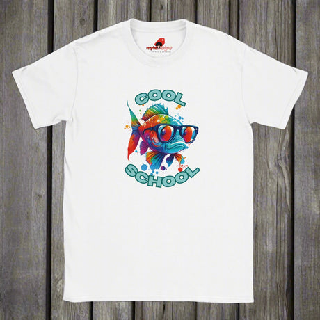 "Cool school kids colourful fish t-shirt in white - front view showing vibrant fish design"