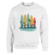 White sweatshirt with colorful surfboard design on a white background