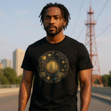 Man wearing a black t-shirt with a circular design, standing outdoors with a cityscape in the background.