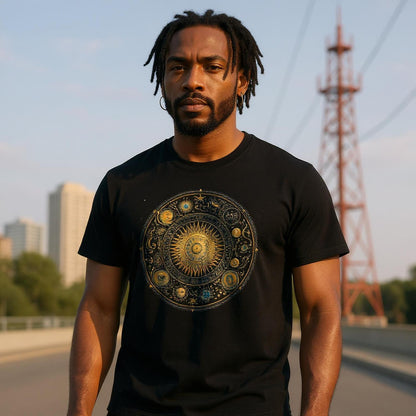 Man wearing a black t-shirt with a circular design, standing outdoors with a cityscape in the background.