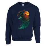 A navy blue crewneck sweatshirt featuring a colorful graphic of a wolf in profile with a full moon and the text 'NEXT EVOLUTION' on the front, set against a plain white background.