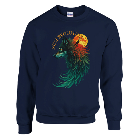 A navy blue crewneck sweatshirt featuring a colorful graphic of a wolf in profile with a full moon and the text 'NEXT EVOLUTION' on the front, set against a plain white background.