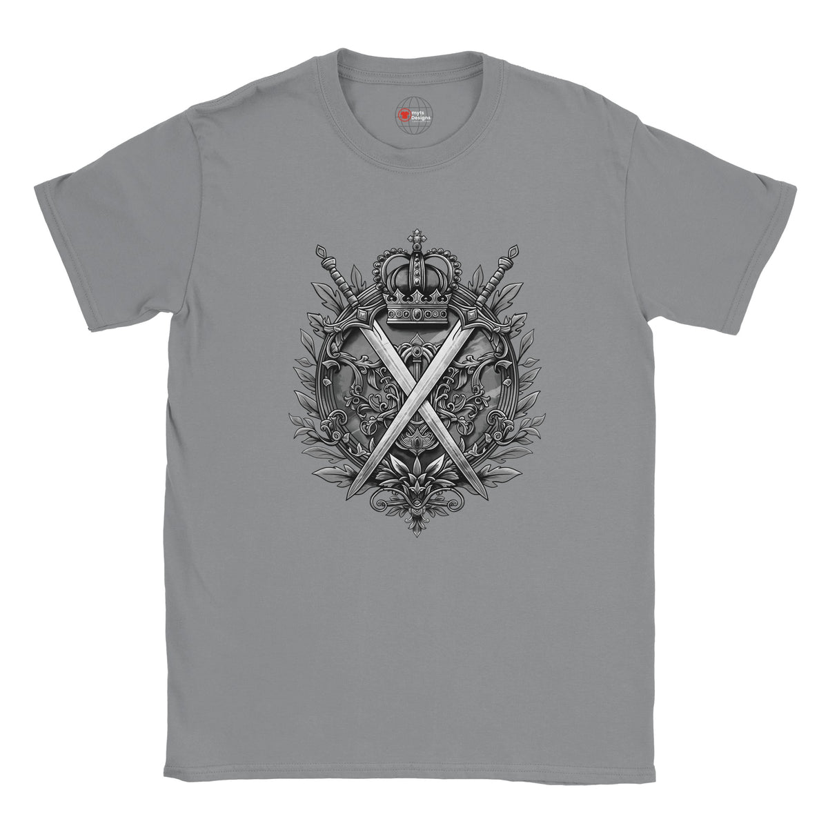 Gray t-shirt with a decorative emblem featuring crossed swords and a crown on a white background