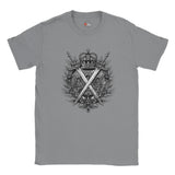 Gray t-shirt with a decorative emblem featuring crossed swords and a crown on a white background