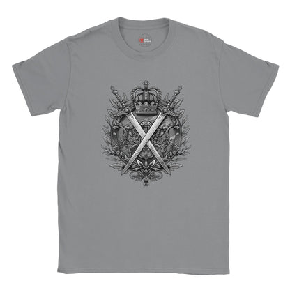 Gray t-shirt with a decorative emblem featuring crossed swords and a crown on a white background