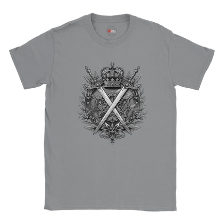 Gray t-shirt with a decorative emblem featuring crossed swords and a crown on a white background
