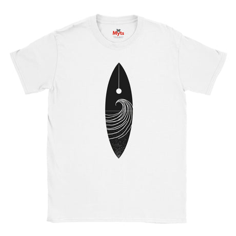 White t-shirt with a black wave design and 'Myts' logo on a white background