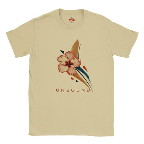 Sand-coloured UNBOUND hibiscus T-shirt with delicate pink floral illustration and geometric navy and beige accents.
