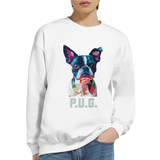 A person wearing a white sweatshirt featuring a vibrant polygon-style dog portrait with the text “P.U.G..” below.