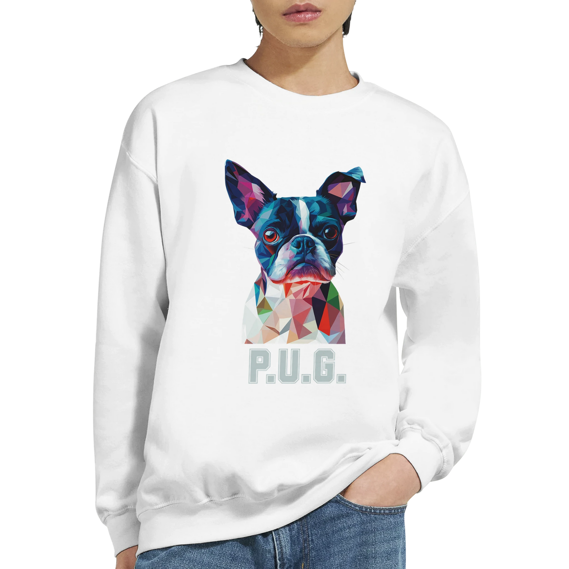 A person wearing a white sweatshirt featuring a vibrant polygon-style dog portrait with the text “P.U.G..” below.