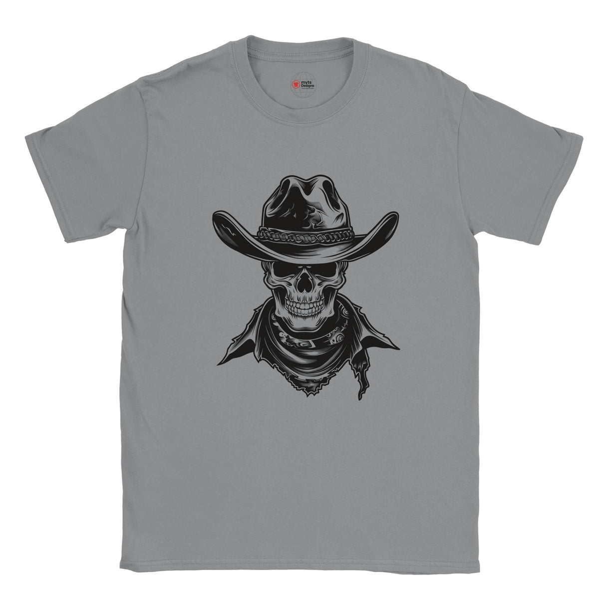 Sports grey t-shirt featuring a detailed cowboy skull wearing a western hat and bandana