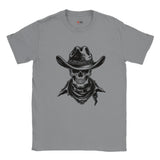 Sports grey t-shirt featuring a detailed cowboy skull wearing a western hat and bandana