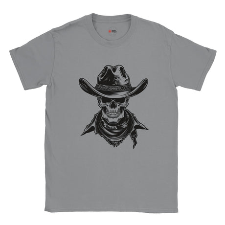 Sports grey t-shirt featuring a detailed cowboy skull wearing a western hat and bandana