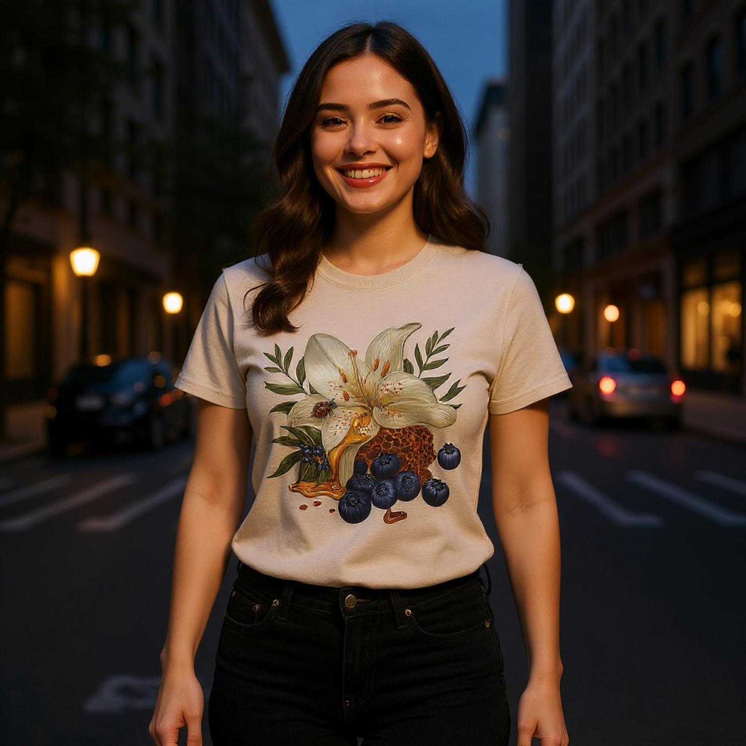 Woman wearing a t-shirt with a floral design on a city street at night.