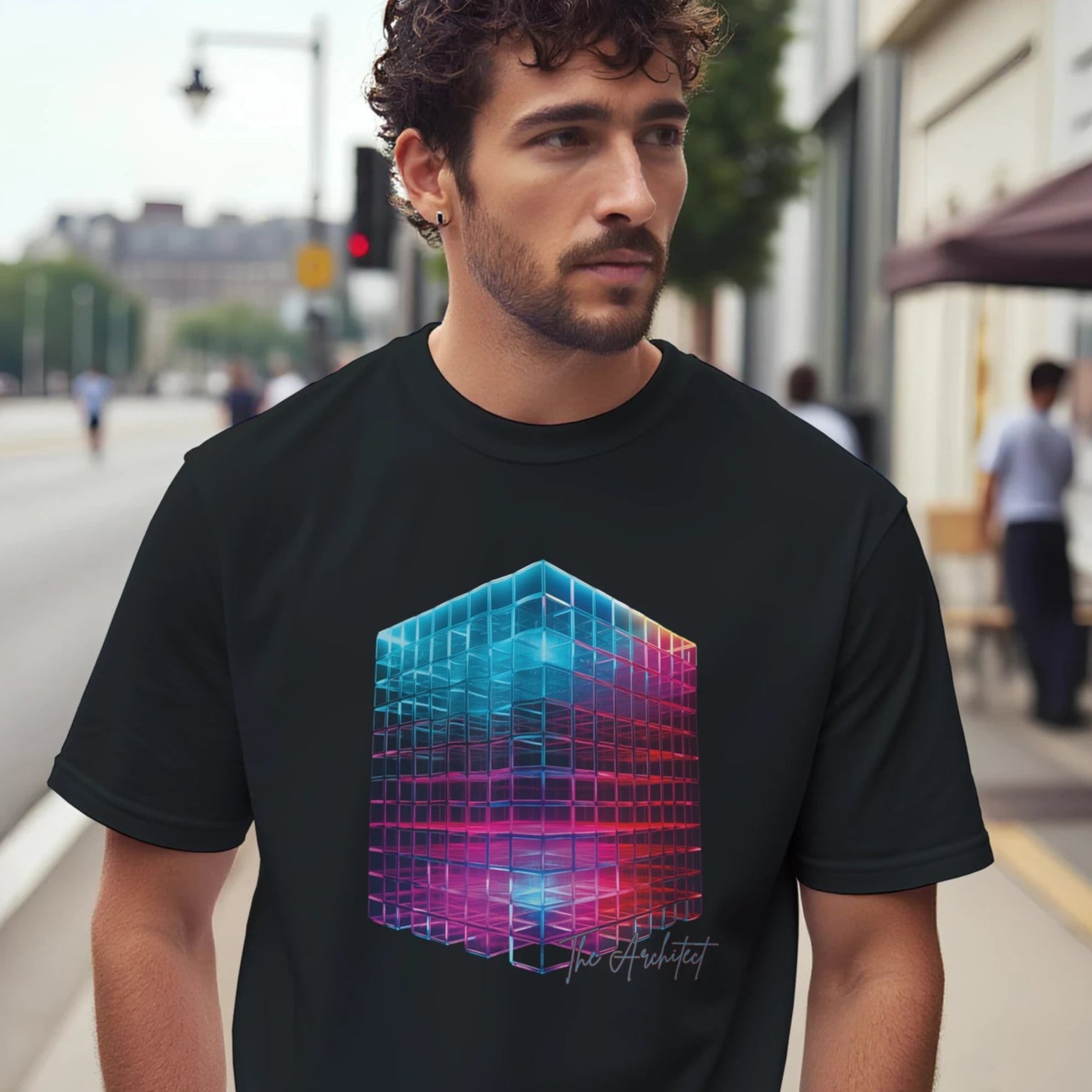 A man wearing a black t-shirt with a colorful geometric design on a city street.