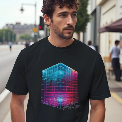 A man wearing a black t-shirt with a colorful geometric design on a city street.