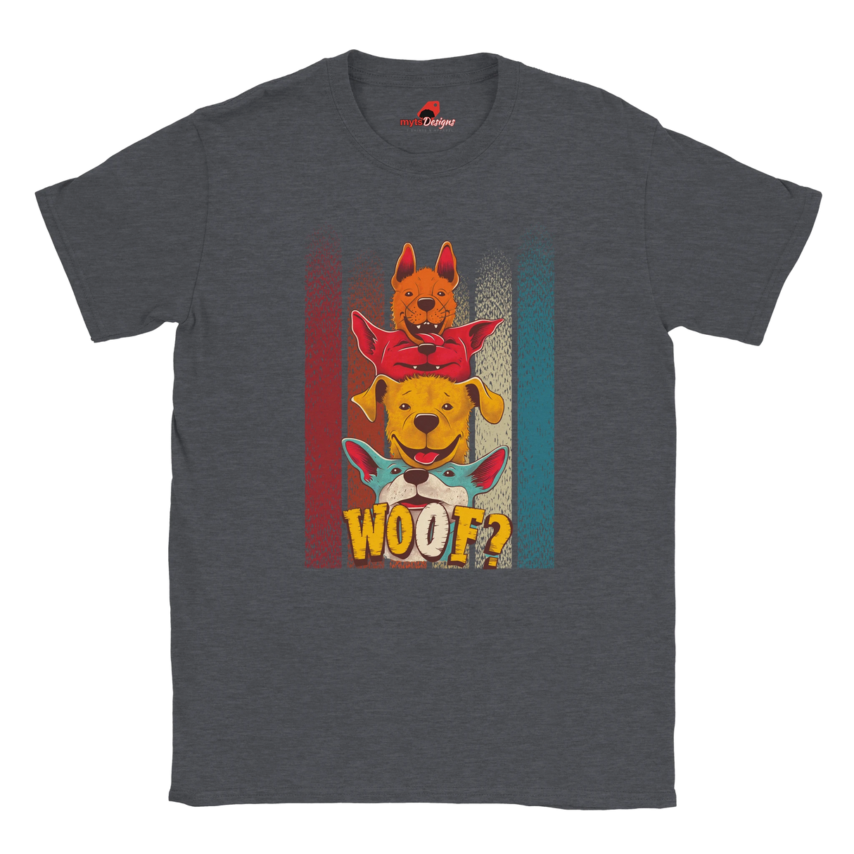 A flat lay dark heather T-shirt featuring a playful graphic of four stacked colorful dogs in yellow, red, and blue tones with the word “Woof?” in bold, cartoonish text below.

s
