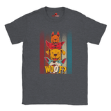 A flat lay dark heather T-shirt featuring a playful graphic of four stacked colorful dogs in yellow, red, and blue tones with the word “Woof?” in bold, cartoonish text below.

s