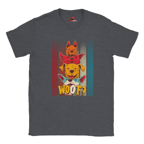 A flat lay dark heather T-shirt featuring a playful graphic of four stacked colorful dogs in yellow, red, and blue tones with the word “Woof?” in bold, cartoonish text below.

s