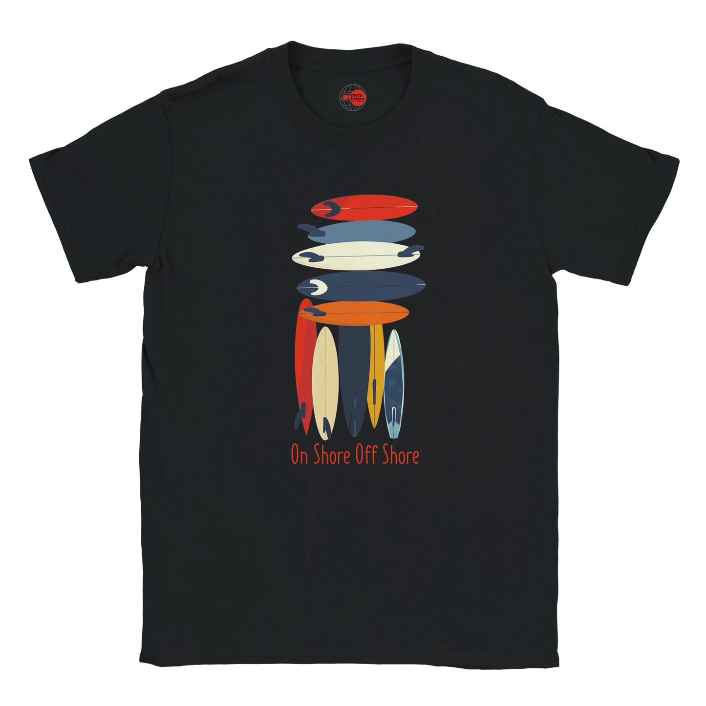 Black t-shirt with colorful surfboard graphic and 'On Shore Off Shore' text on a white background