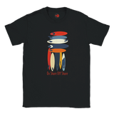 Black t-shirt with colorful surfboard graphic and 'On Shore Off Shore' text on a white background