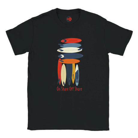 Black t-shirt with colorful surfboard graphic and 'On Shore Off Shore' text on a white background