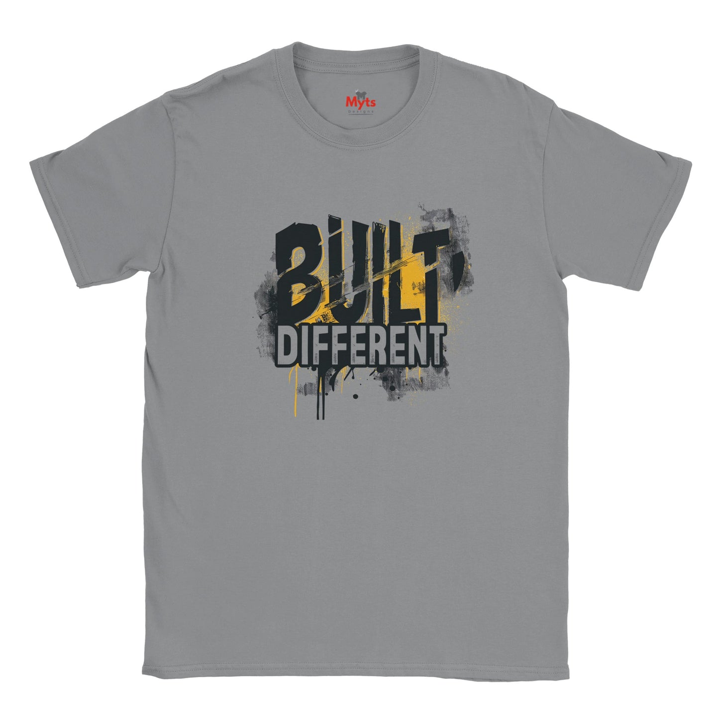 Gray t-shirt with 'Built Different' graphic design on a white background