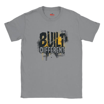 Gray t-shirt with 'Built Different' graphic design on a white background