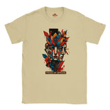 Natural Faces of Spring T-shirt featuring colourful abstract geometric faces surrounded by red, blue and yellow flowers, leaves and expressive paint details.