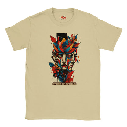 Natural Faces of Spring T-shirt featuring colourful abstract geometric faces surrounded by red, blue and yellow flowers, leaves and expressive paint details.