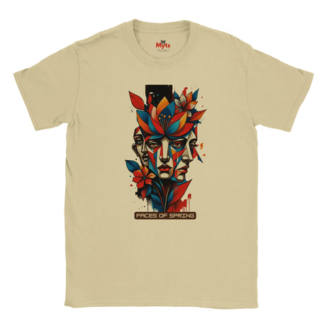 Natural Faces of Spring T-shirt featuring colourful abstract geometric faces surrounded by red, blue and yellow flowers, leaves and expressive paint details.