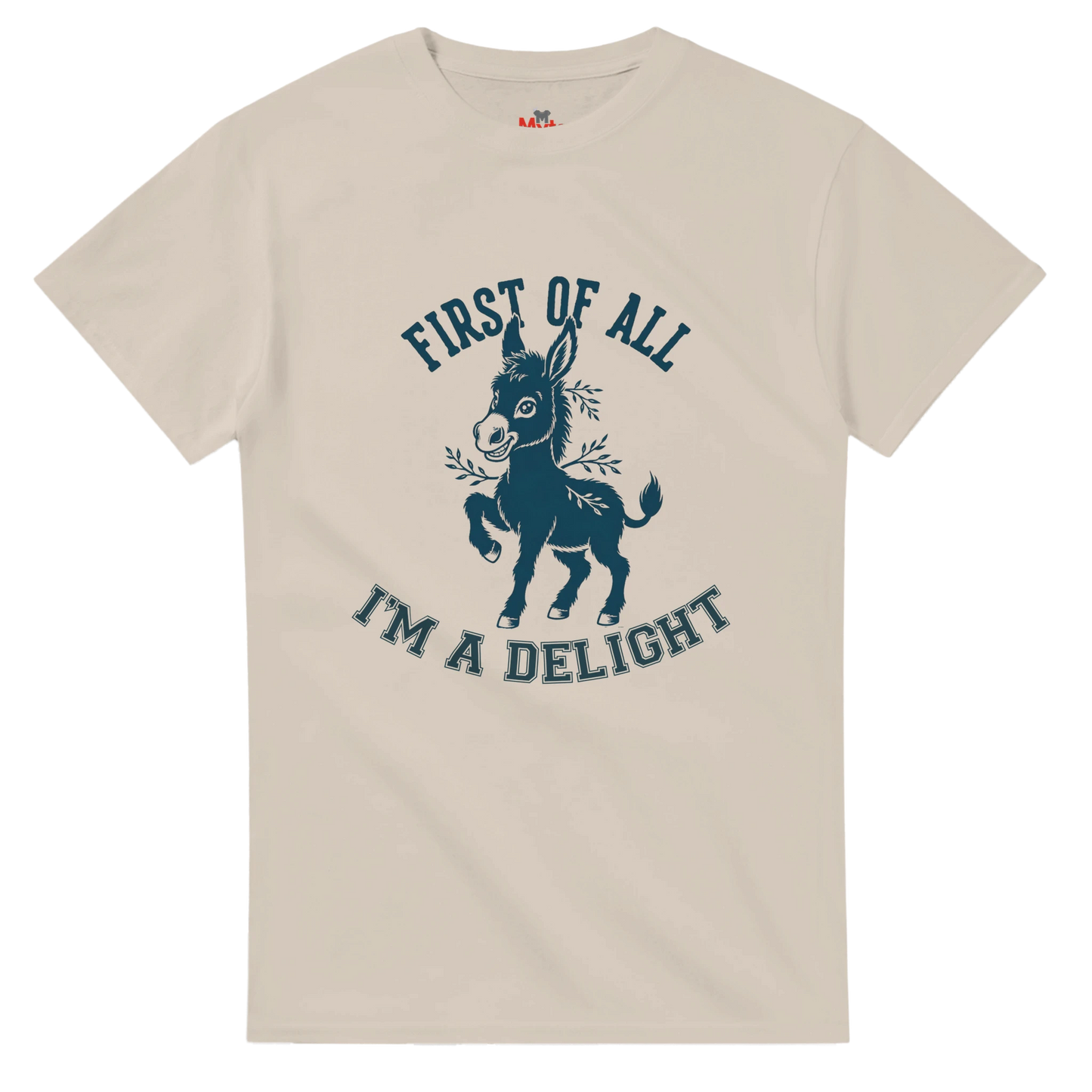 Natural t-shirt with a graphic of a donkey and text on a white background