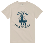 Natural t-shirt with a graphic of a donkey and text on a white background