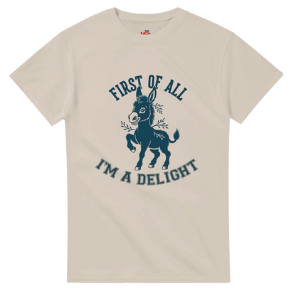 Natural t-shirt with a graphic of a donkey and text on a white background