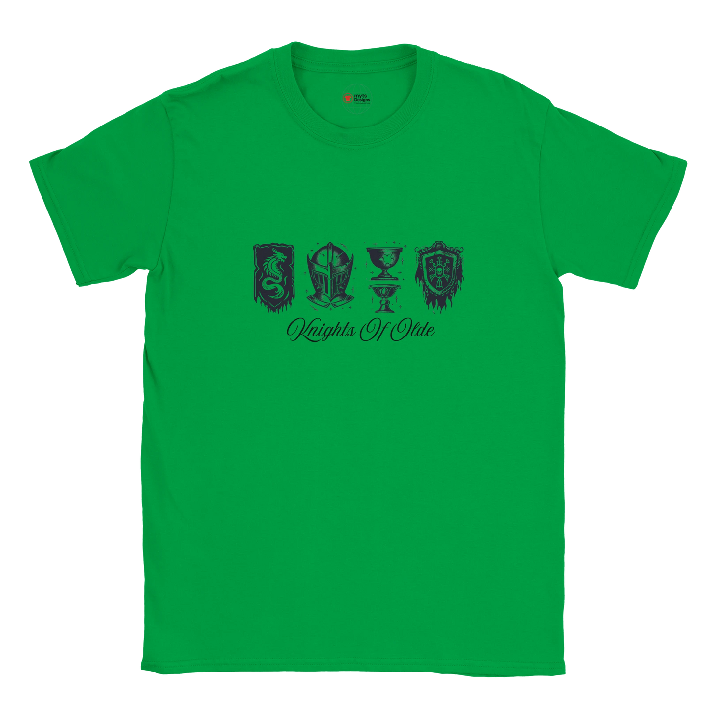 Green t-shirt with black graphics and text on a white background