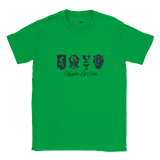 Green t-shirt with black graphics and text on a white background