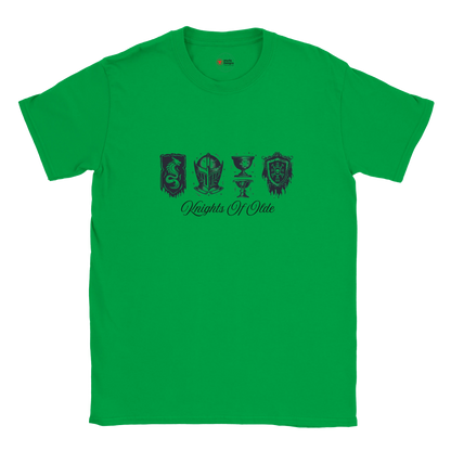 Green t-shirt with black graphics and text on a white background
