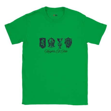 Green t-shirt with black graphics and text on a white background